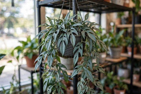 Epipremnum Cebu Blue 8 inch hanging basket with silvery blue-green trailing leaves in a plant shop