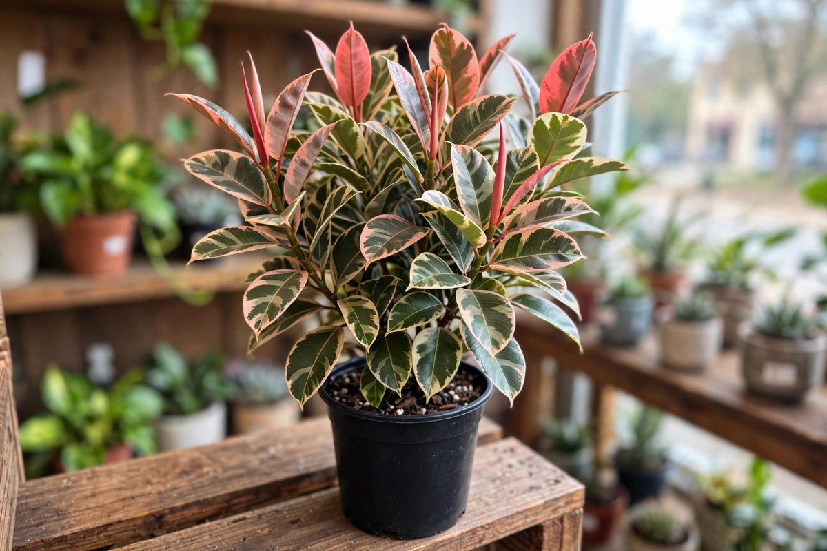 Ficus Rubber Ruby 5 inch bush plant with pink cream and green variegated leaves in a plant shop