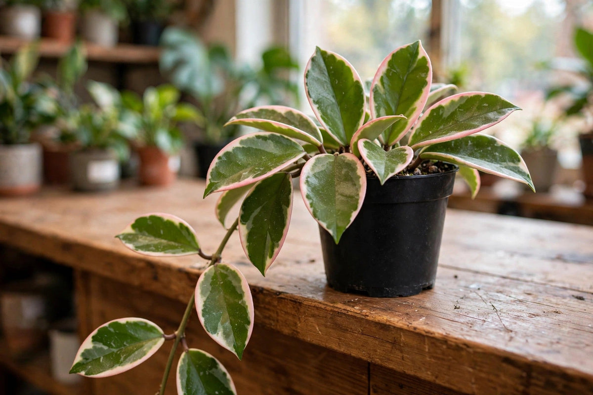Hoya Krimson Queen 4 inch plant with cream pink and green variegated waxy leaves in a plant shop
